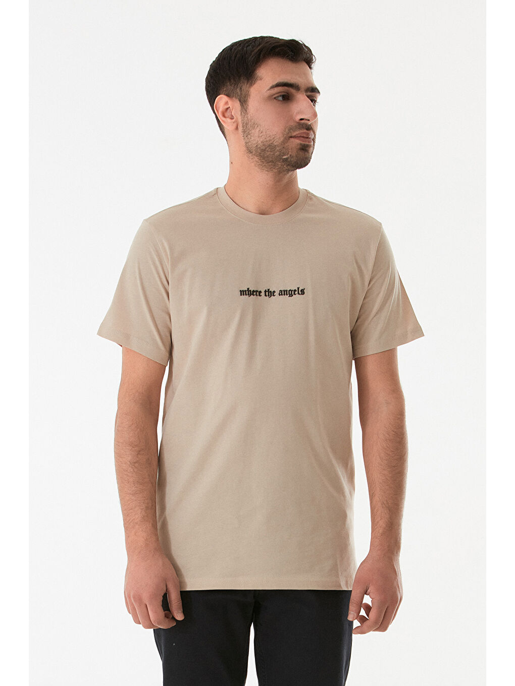 Bej Kabartma Baskılı Bisiklet Yaka Tişört