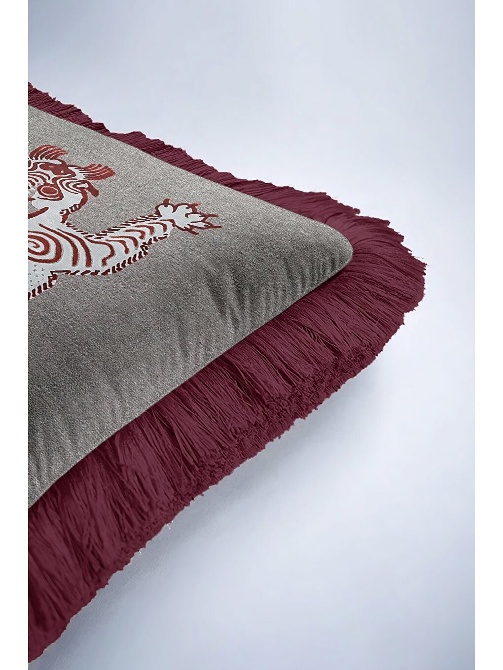 Karışık Etnik Kaplan Figürlü Saçaklı Yastık Kılıfı - Bohem Bordo Gri Püsküllü Kırlent Kılıfı-6