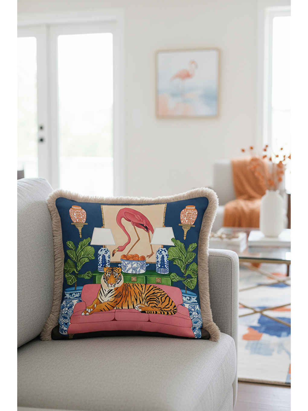 Karışık Lüks Hayvan Figürlü Saçaklı Yastık Kılıfı - Çarpıcı Eklektik Salon Mavi Püsküllü Kırlent Kılıfı-3