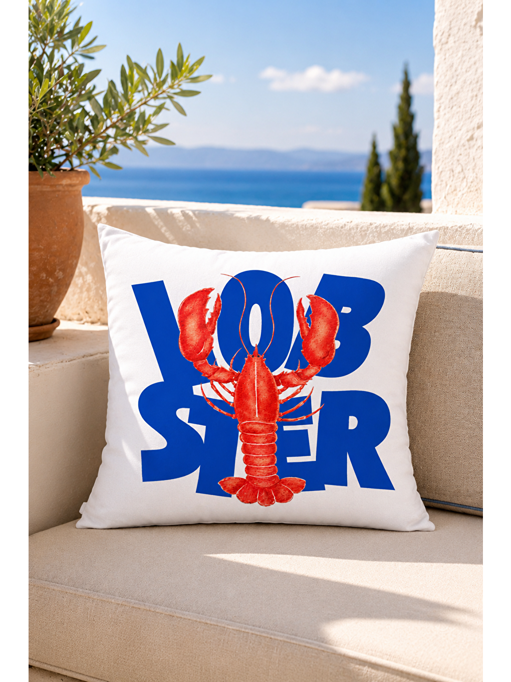 Beyaz Lobster Mavi Yazı Baskılı Marin Dekoratif Kırlent Kılıfı Yazlık Ev Dekor 43x43 Cm