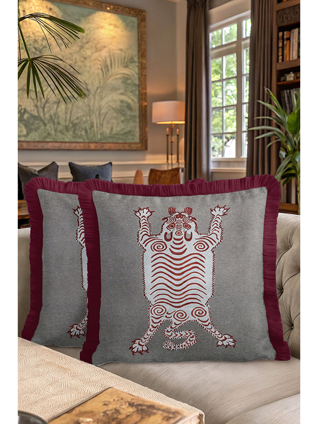 Karışık Etnik Kaplan Figürlü Saçaklı Yastık Kılıfı - Bohem Bordo Gri Püsküllü Kırlent Kılıfı-7