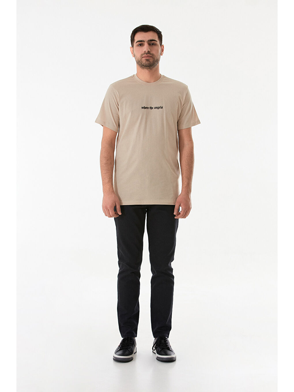 Bej Kabartma Baskılı Bisiklet Yaka Tişört-1