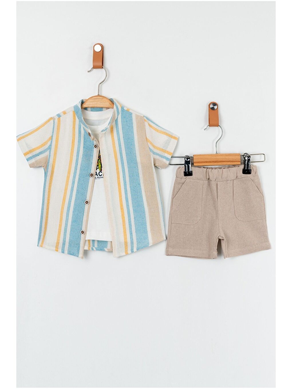 Mavi Erkek Çocuk 3’lü Yazlık Takım Çizgili Gömlek Tişört Şort Kombin