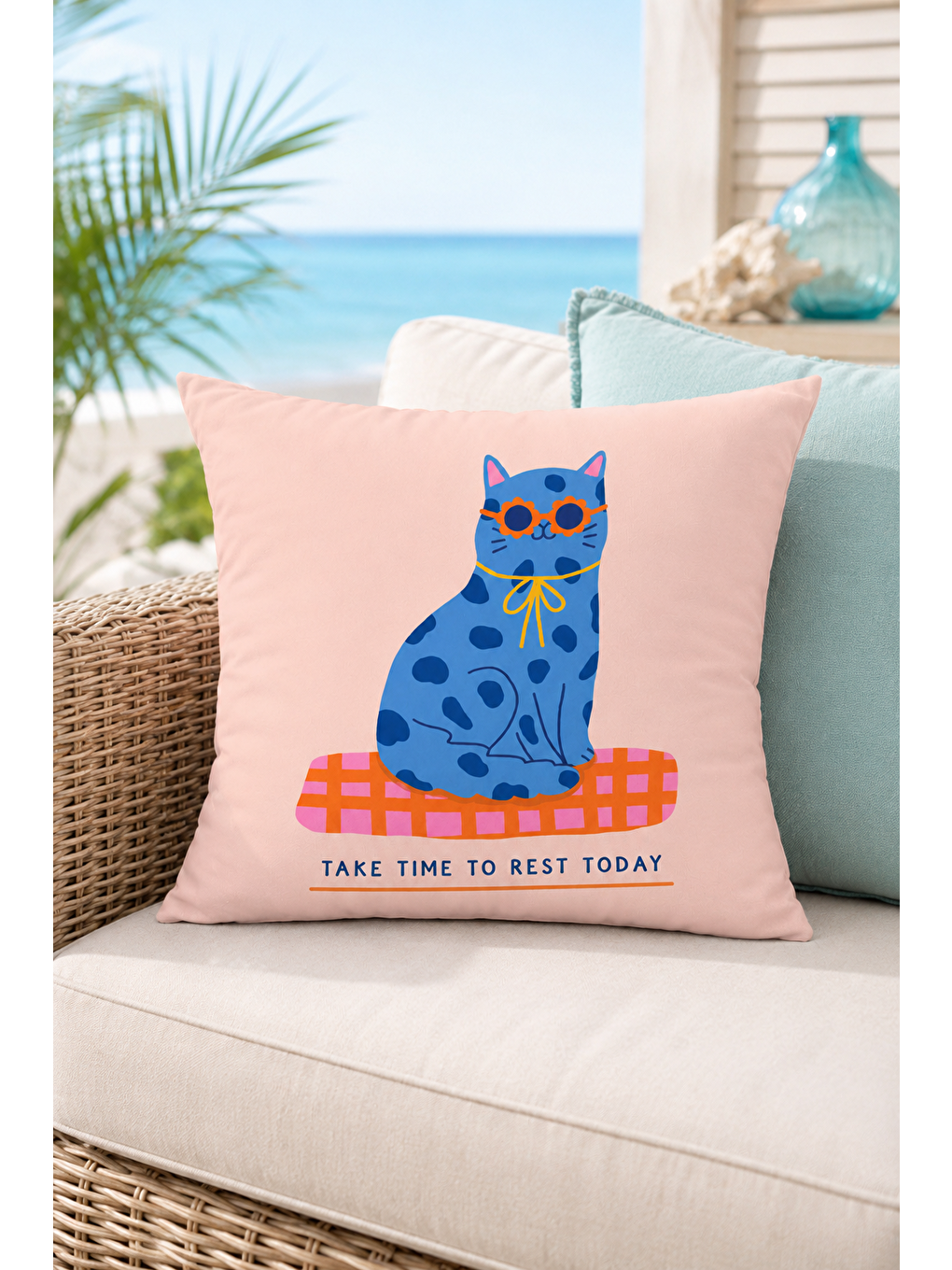 Mavi Kedi Yazı Baskılı Dekoratif Kırlent Kılıfı Pembe Modern Salon Dekor 43x43 Cm-3