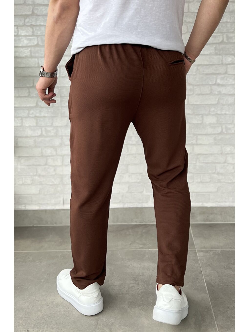 Kahverengi Bel Bağcıklı Düz Paça Erkek Jogger Pantolon-2