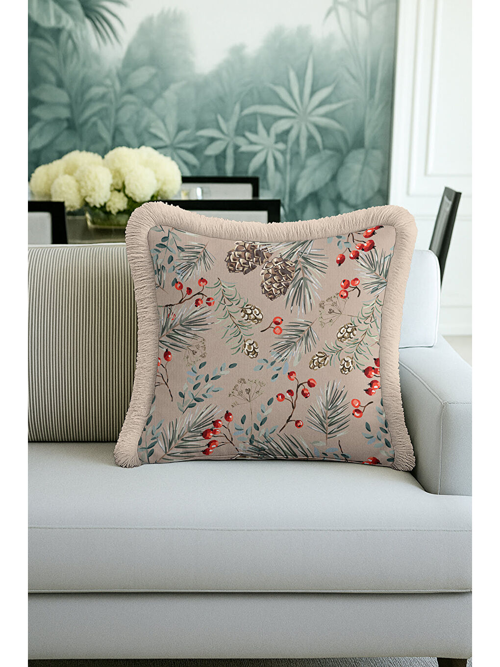 Karışık Botanik Çam Kozalaklı Saçaklı Yastık Kılıfı - Doğal Rustik Bej Kırmızı Püsküllü Kırlent Kılıfı-1