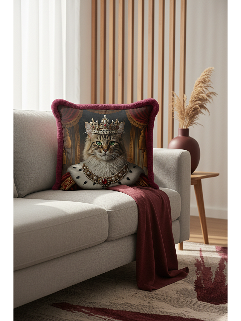 Karışık Kraliyet Temalı Saçaklı Yastık Kılıfı - Majesteleri Kedi Barok Vintage Gold Püsküllü Kırlent Kılıfı-3