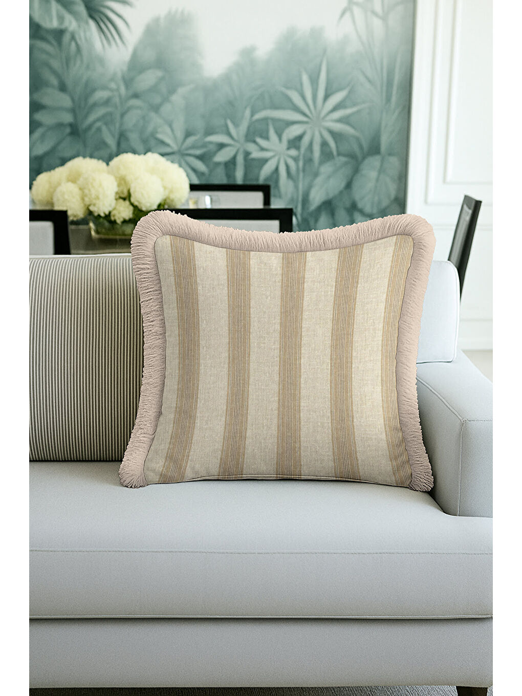 Karışık Zarif Çizgi Detaylı Saçaklı Yastık Kılıfı - Krem Bej Country Doğal Püsküllü Kırlent Kılıfı