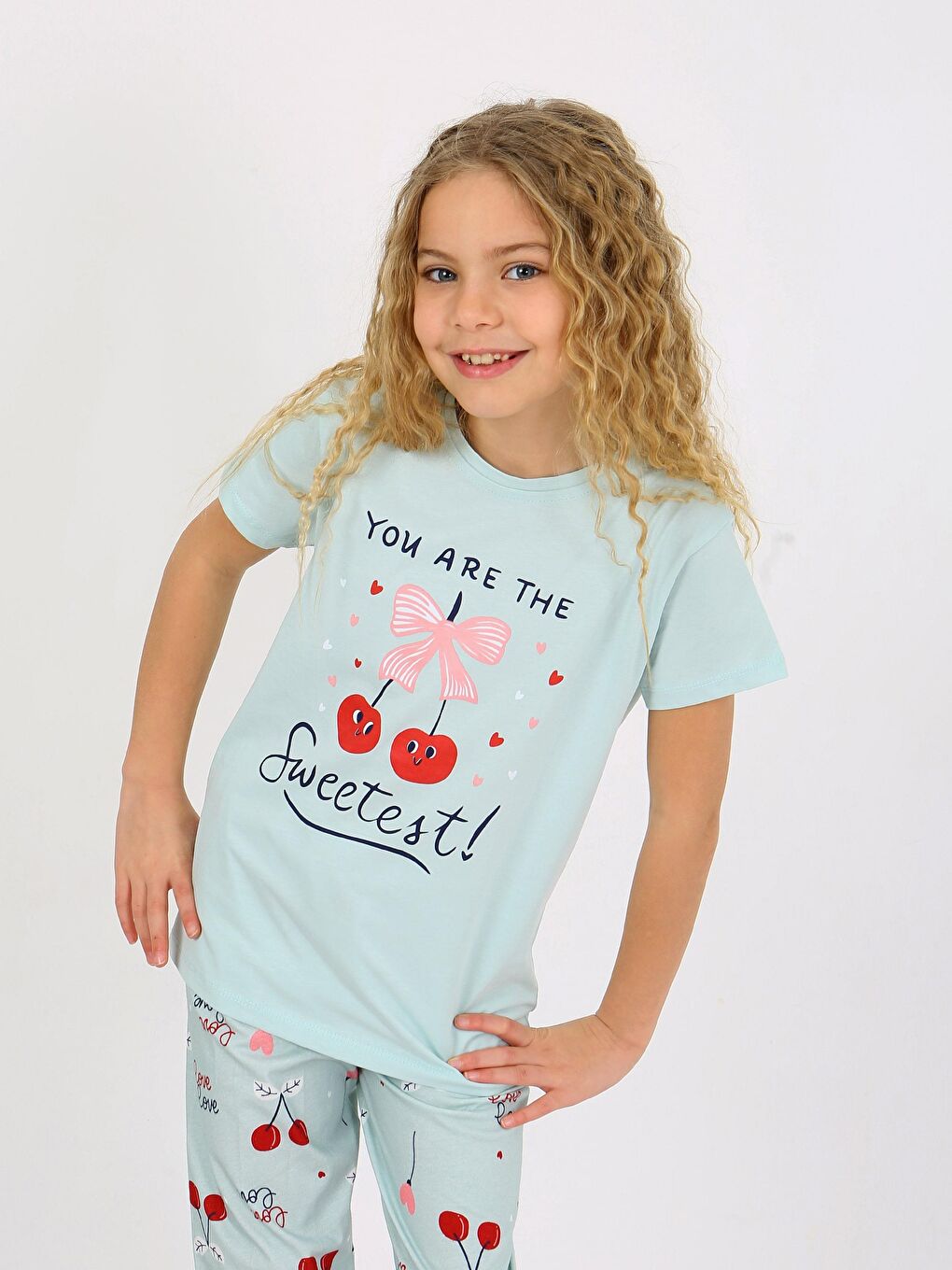 Yeşil Kız Çocuk Kısa Kollu %100 Pamuklu Pijama Takımı Cherry-1