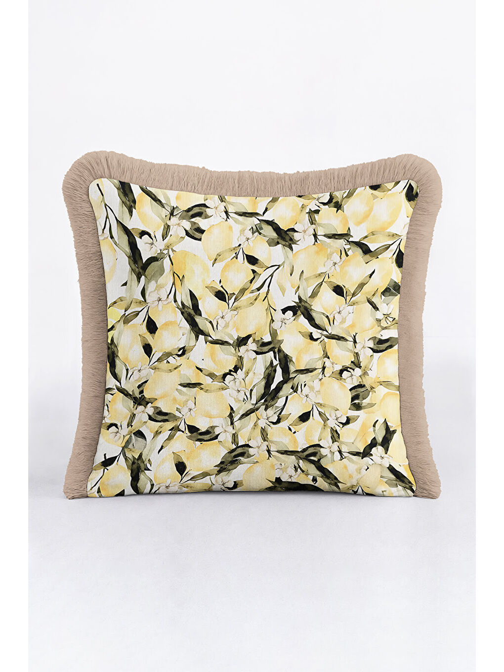 Karışık Limon Bahçesi Saçaklı Yastık Kılıfı - Akdeniz Ferahlığı Country Sarı Bej Püsküllü Kırlent Kılıfı-3