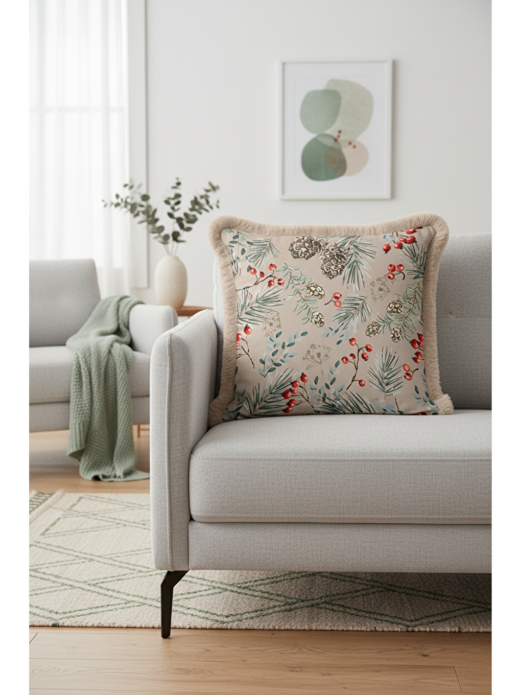 Karışık Botanik Çam Kozalaklı Saçaklı Yastık Kılıfı - Doğal Rustik Bej Kırmızı Püsküllü Kırlent Kılıfı-2