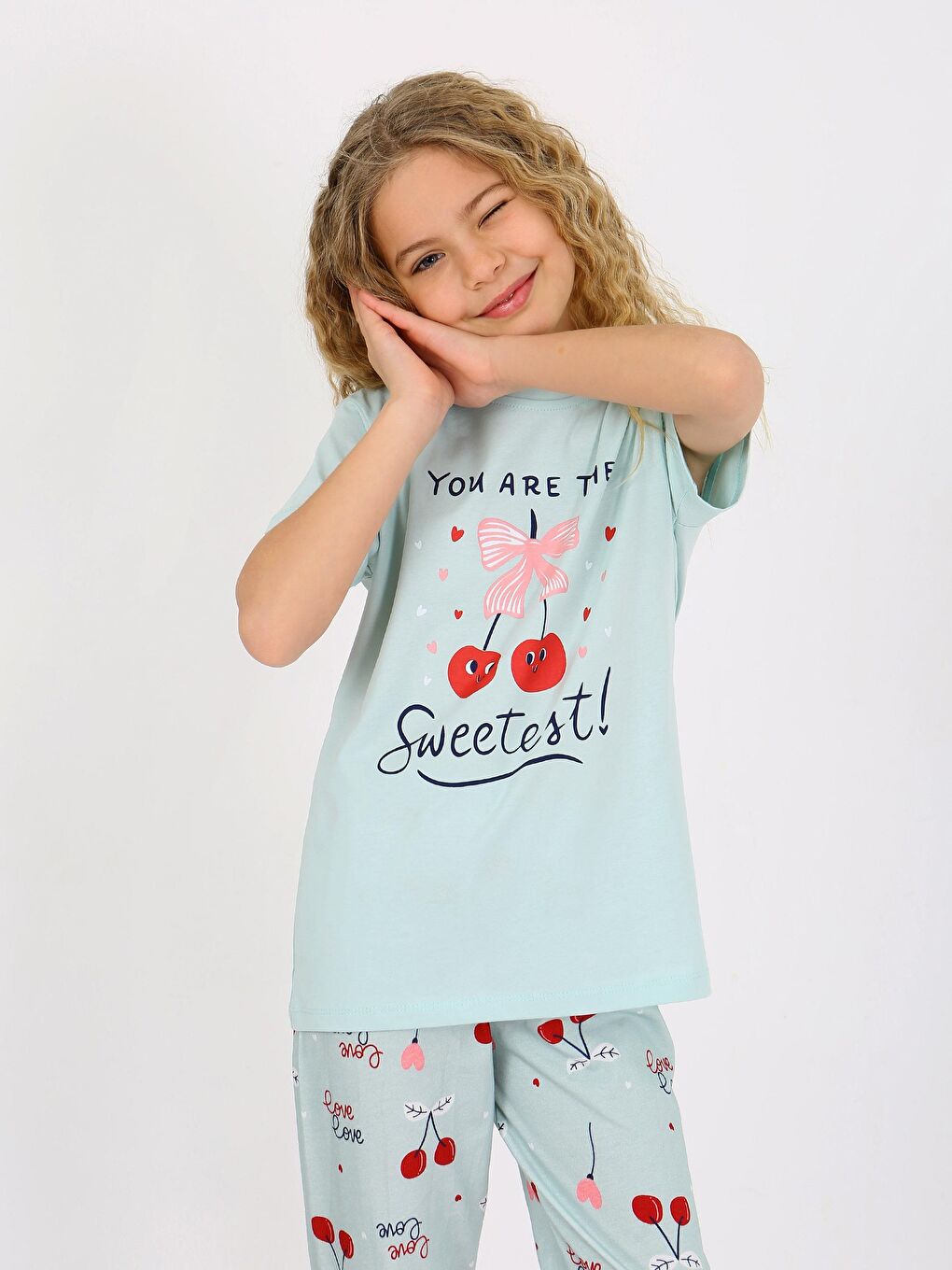 Yeşil Kız Çocuk Kısa Kollu %100 Pamuklu Pijama Takımı Cherry-2