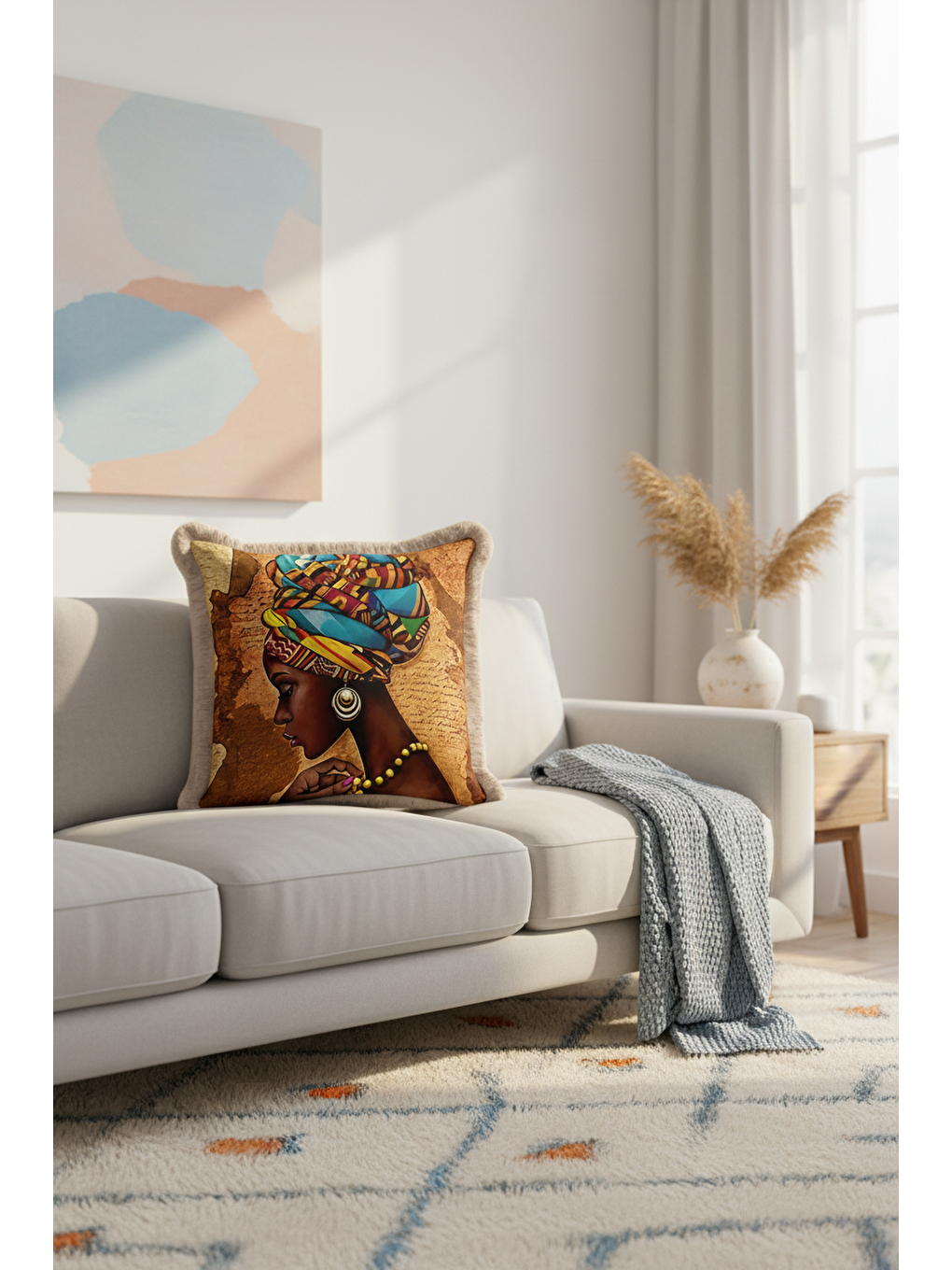 Karışık Afrika Esintili Etnik Sanat Saçaklı Yastık Kılıfı - Bohem Kahverengi Mavi Püsküllü Kırlent Kılıfı