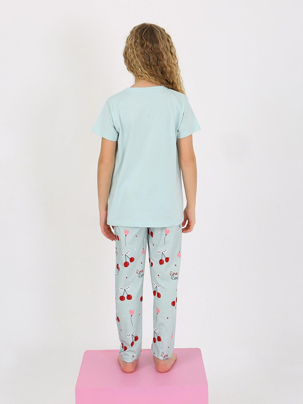 Yeşil Kız Çocuk Kısa Kollu %100 Pamuklu Pijama Takımı Cherry-3