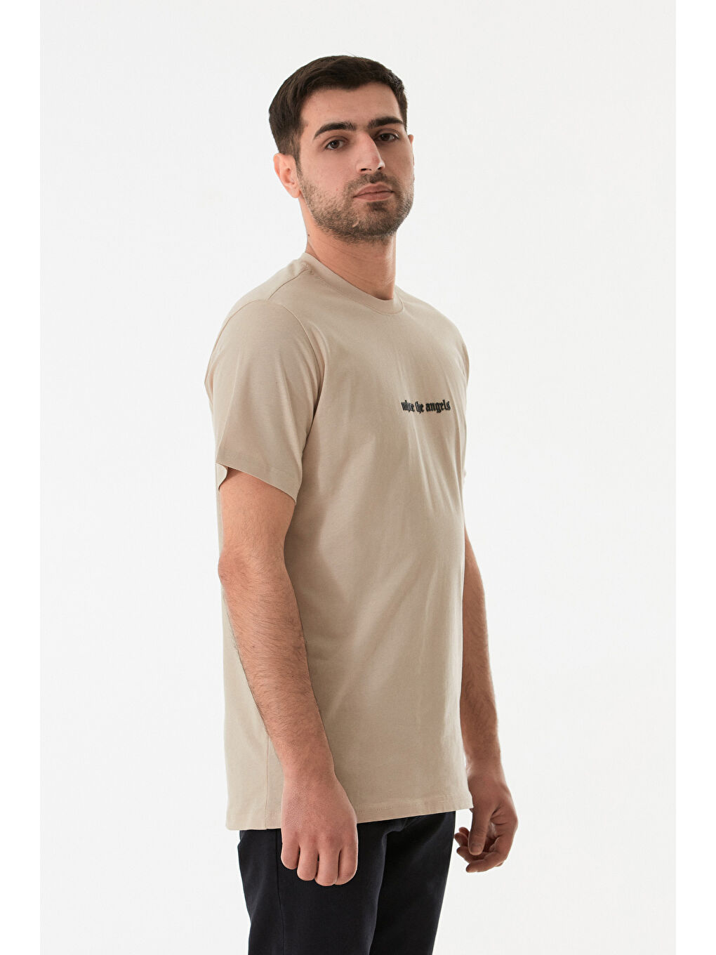 Bej Kabartma Baskılı Bisiklet Yaka Tişört-3