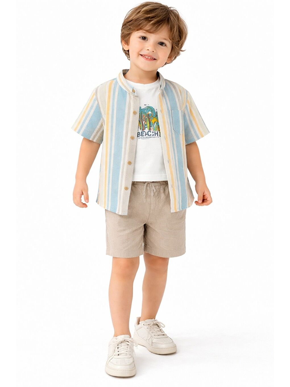 Mavi Erkek Çocuk 3’lü Yazlık Takım Çizgili Gömlek Tişört Şort Kombin-1