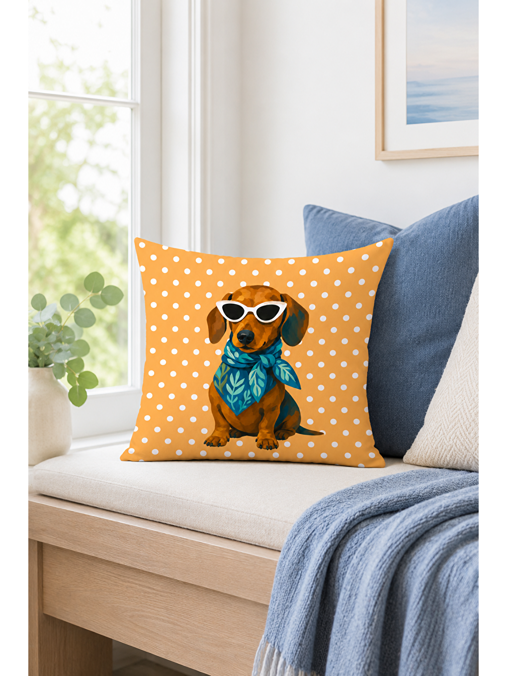 Sarı Gözlüklü Köpek Puantiyeli Dekoratif Kırlent Kılıfı Modern Bohem Salon Dekor 43x43 Cm-6