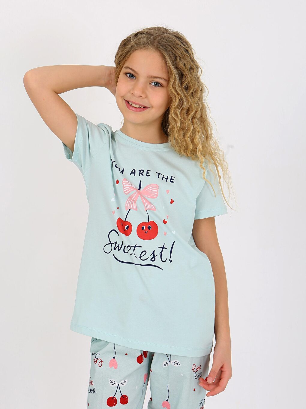 Yeşil Kız Çocuk Kısa Kollu %100 Pamuklu Pijama Takımı Cherry-4