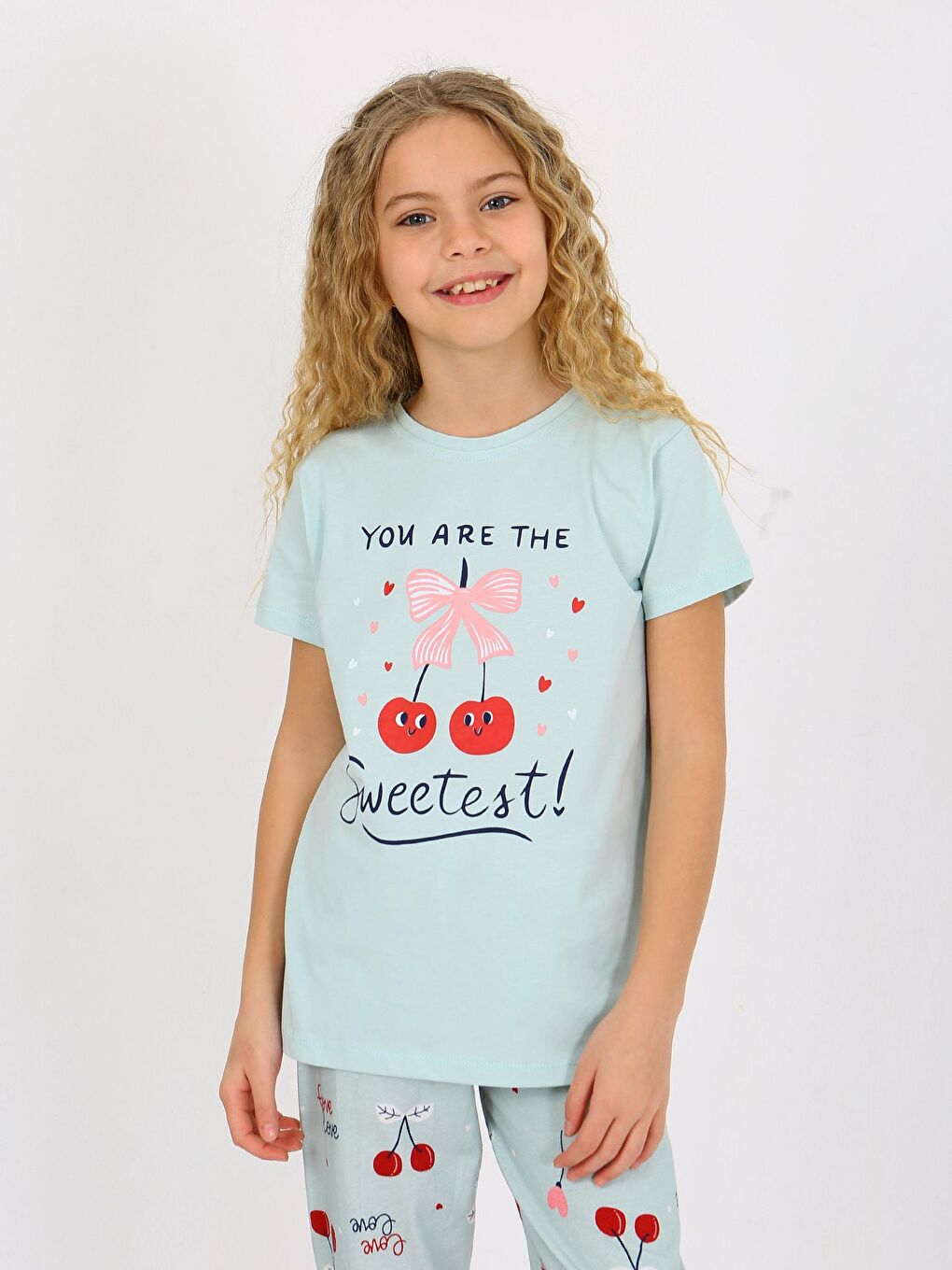 Yeşil Kız Çocuk Kısa Kollu %100 Pamuklu Pijama Takımı Cherry-5