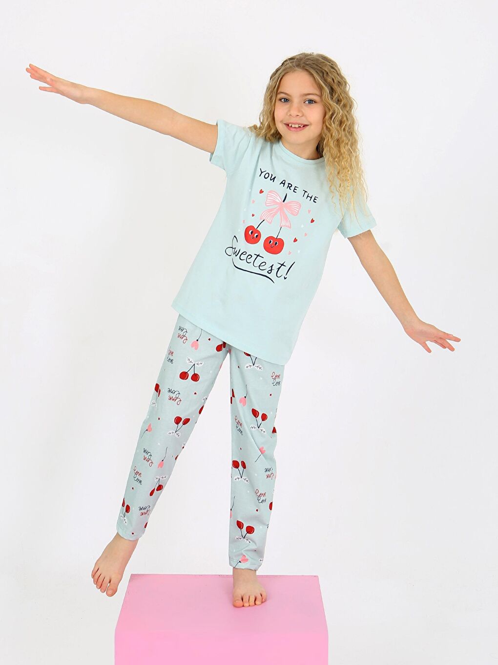 Yeşil Kız Çocuk Kısa Kollu %100 Pamuklu Pijama Takımı Cherry-6