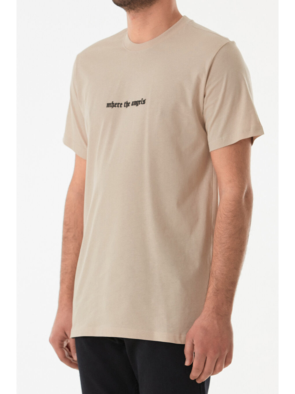 Bej Kabartma Baskılı Bisiklet Yaka Tişört-4
