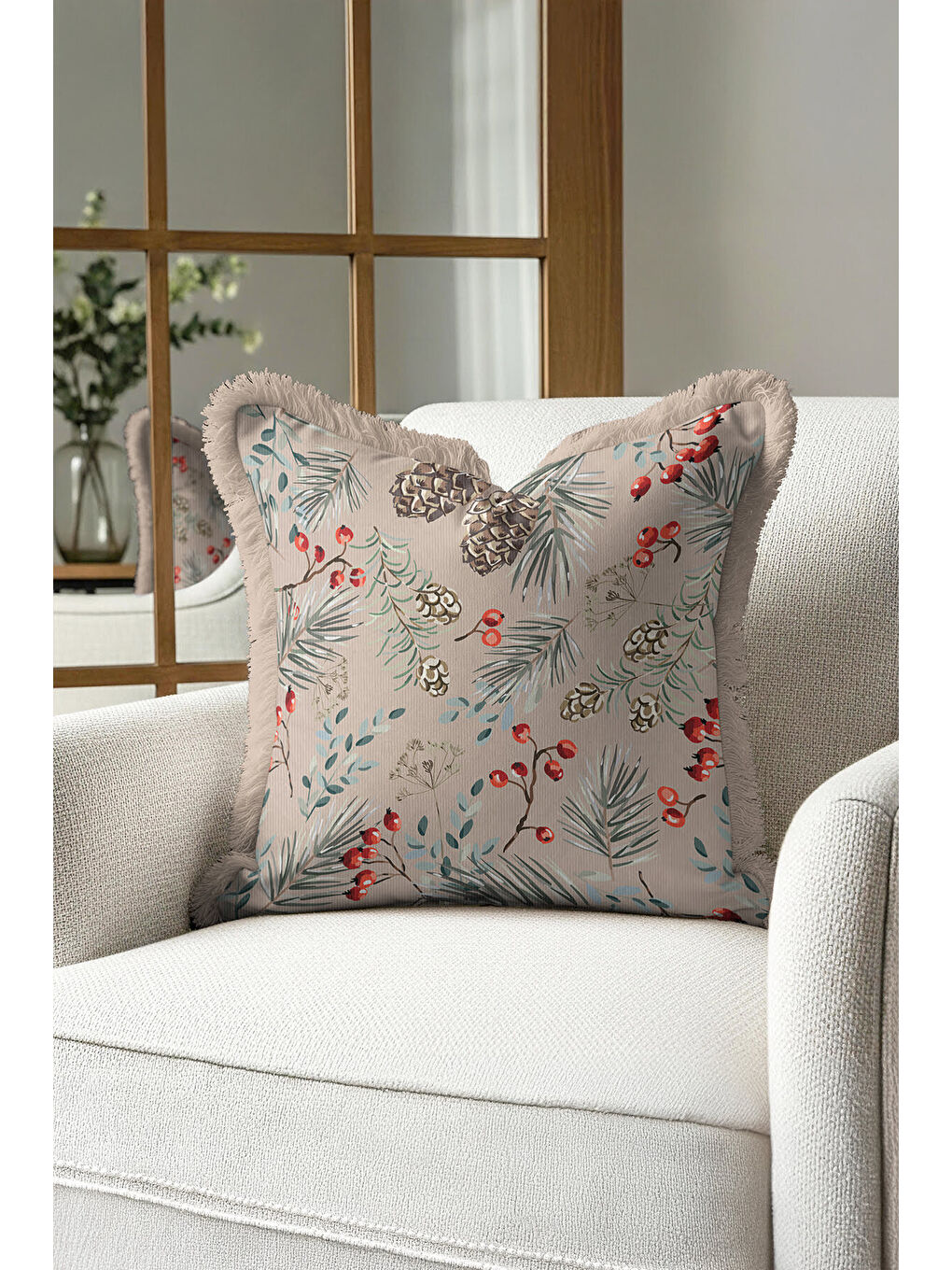 Karışık Botanik Çam Kozalaklı Saçaklı Yastık Kılıfı - Doğal Rustik Bej Kırmızı Püsküllü Kırlent Kılıfı-3