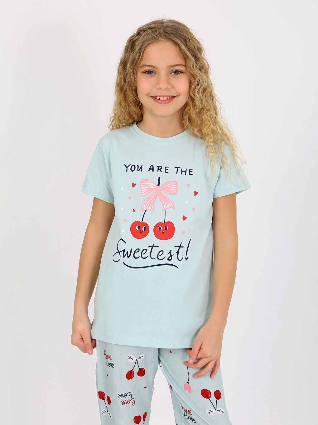 Yeşil Kız Çocuk Kısa Kollu %100 Pamuklu Pijama Takımı Cherry-7