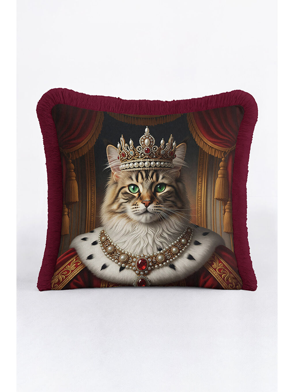 Karışık Kraliyet Temalı Saçaklı Yastık Kılıfı - Majesteleri Kedi Barok Vintage Gold Püsküllü Kırlent Kılıfı-4