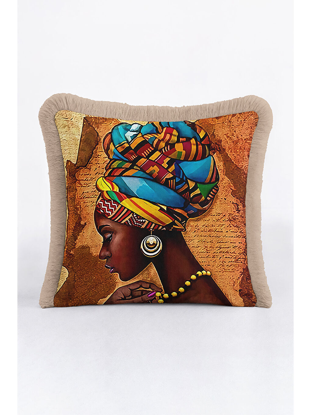 Karışık Afrika Esintili Etnik Sanat Saçaklı Yastık Kılıfı - Bohem Kahverengi Mavi Püsküllü Kırlent Kılıfı-1