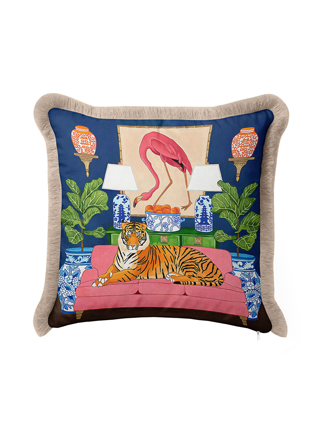 Karışık Lüks Hayvan Figürlü Saçaklı Yastık Kılıfı - Çarpıcı Eklektik Salon Mavi Püsküllü Kırlent Kılıfı-4