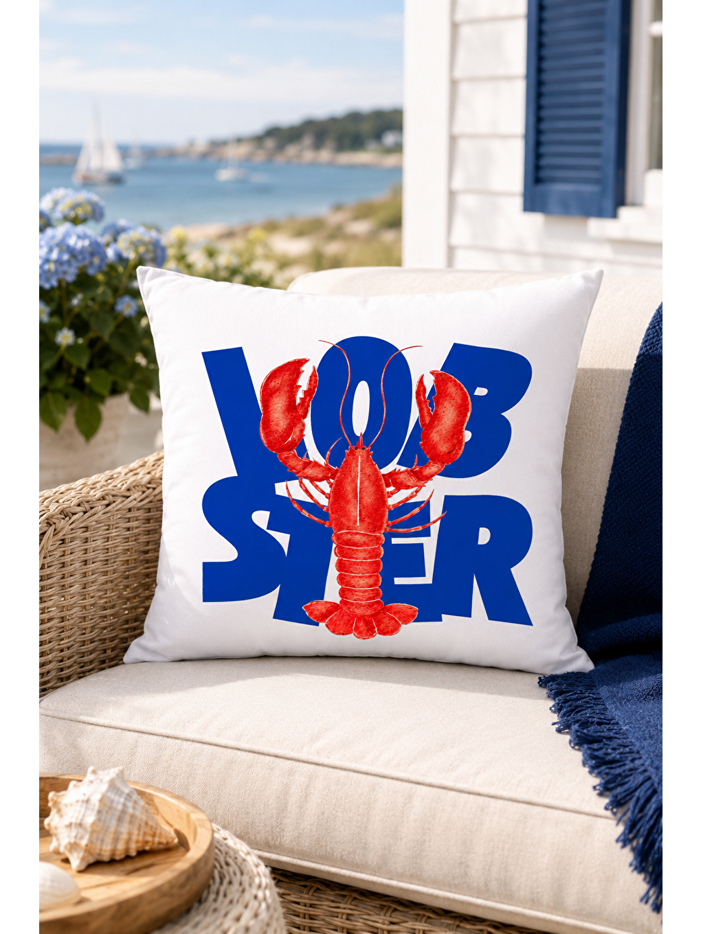Beyaz Lobster Mavi Yazı Baskılı Marin Dekoratif Kırlent Kılıfı Yazlık Ev Dekor 43x43 Cm-1
