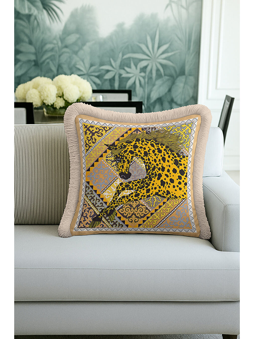 Karışık Lüks At Figürlü Saçaklı Yastık Kılıfı - Asil Bohem Ekru Altın Renkli Püsküllü Kırlent Kılıfı-2