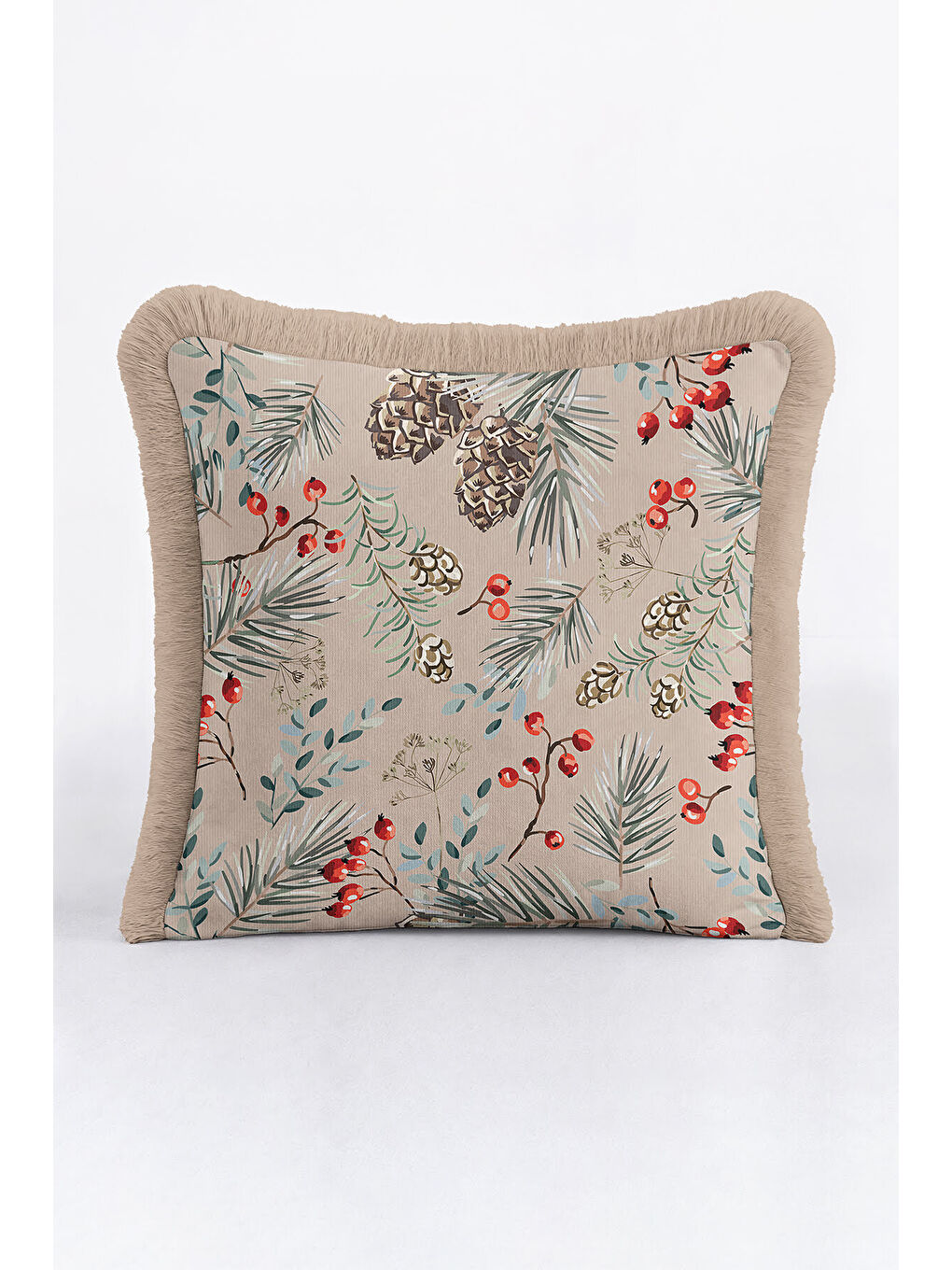 Karışık Botanik Çam Kozalaklı Saçaklı Yastık Kılıfı - Doğal Rustik Bej Kırmızı Püsküllü Kırlent Kılıfı-4