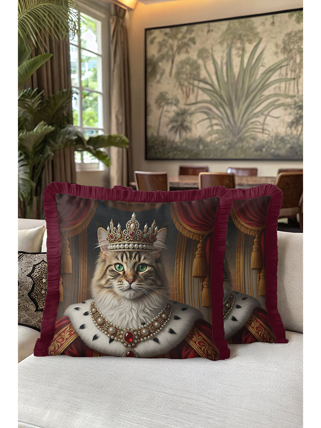 Karışık Kraliyet Temalı Saçaklı Yastık Kılıfı - Majesteleri Kedi Barok Vintage Gold Püsküllü Kırlent Kılıfı-5