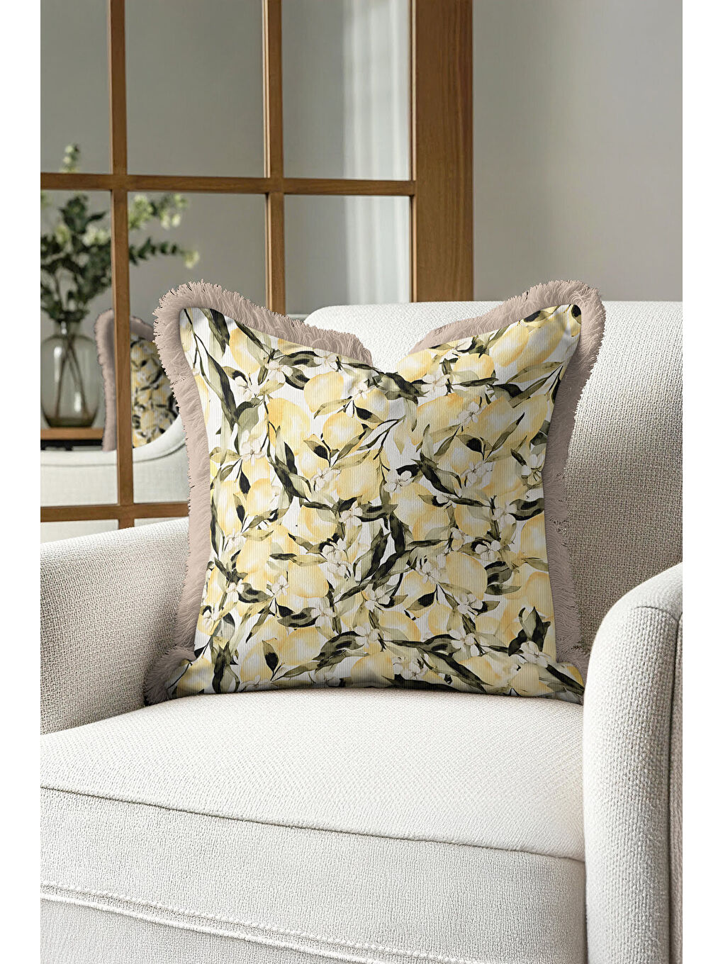 Karışık Limon Bahçesi Saçaklı Yastık Kılıfı - Akdeniz Ferahlığı Country Sarı Bej Püsküllü Kırlent Kılıfı-4
