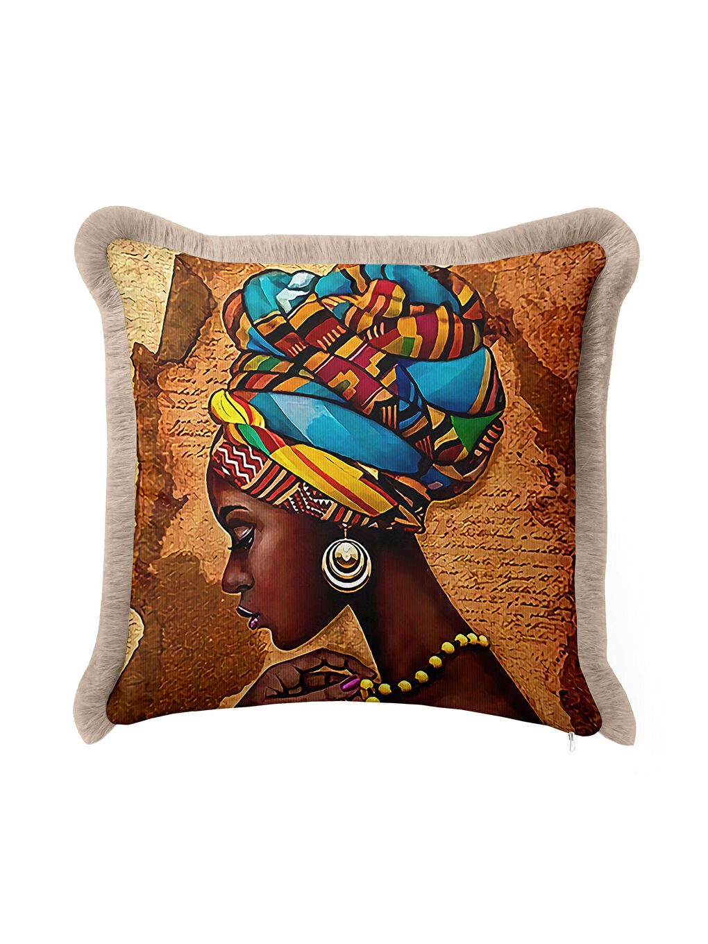Karışık Afrika Esintili Etnik Sanat Saçaklı Yastık Kılıfı - Bohem Kahverengi Mavi Püsküllü Kırlent Kılıfı-2