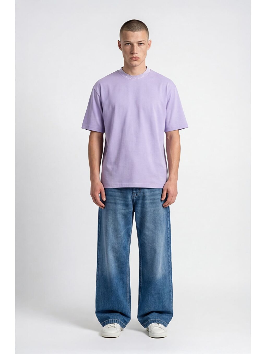Giotelli Erkek Lila Geniş Kesim Oversize Fit Kısa Kollu Yaka Baskılı Bisiklet Yaka Tişört-1