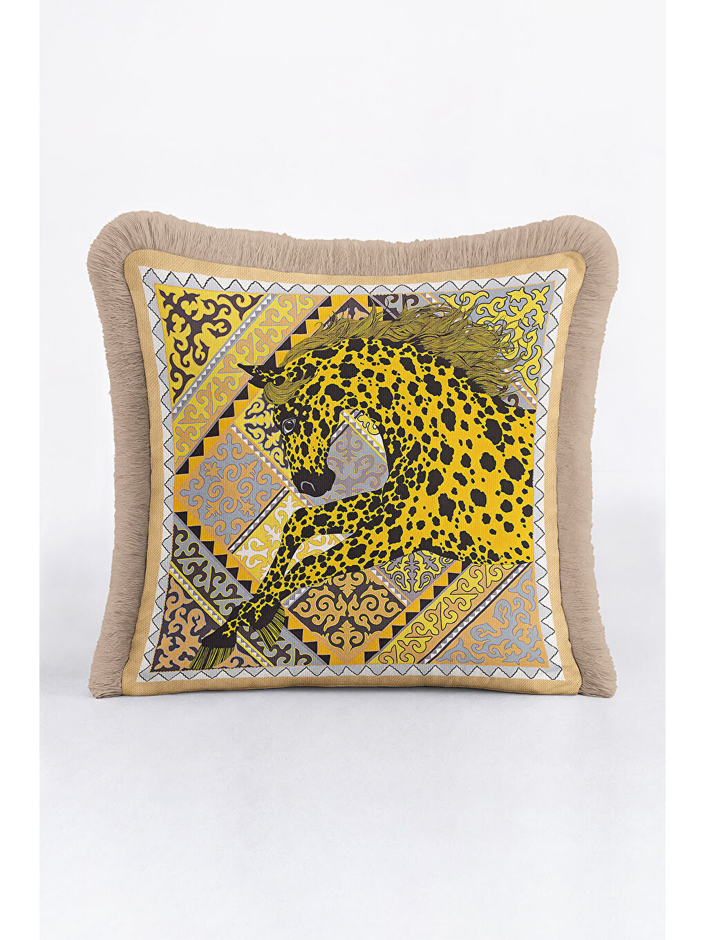 Karışık Lüks At Figürlü Saçaklı Yastık Kılıfı - Asil Bohem Ekru Altın Renkli Püsküllü Kırlent Kılıfı-3