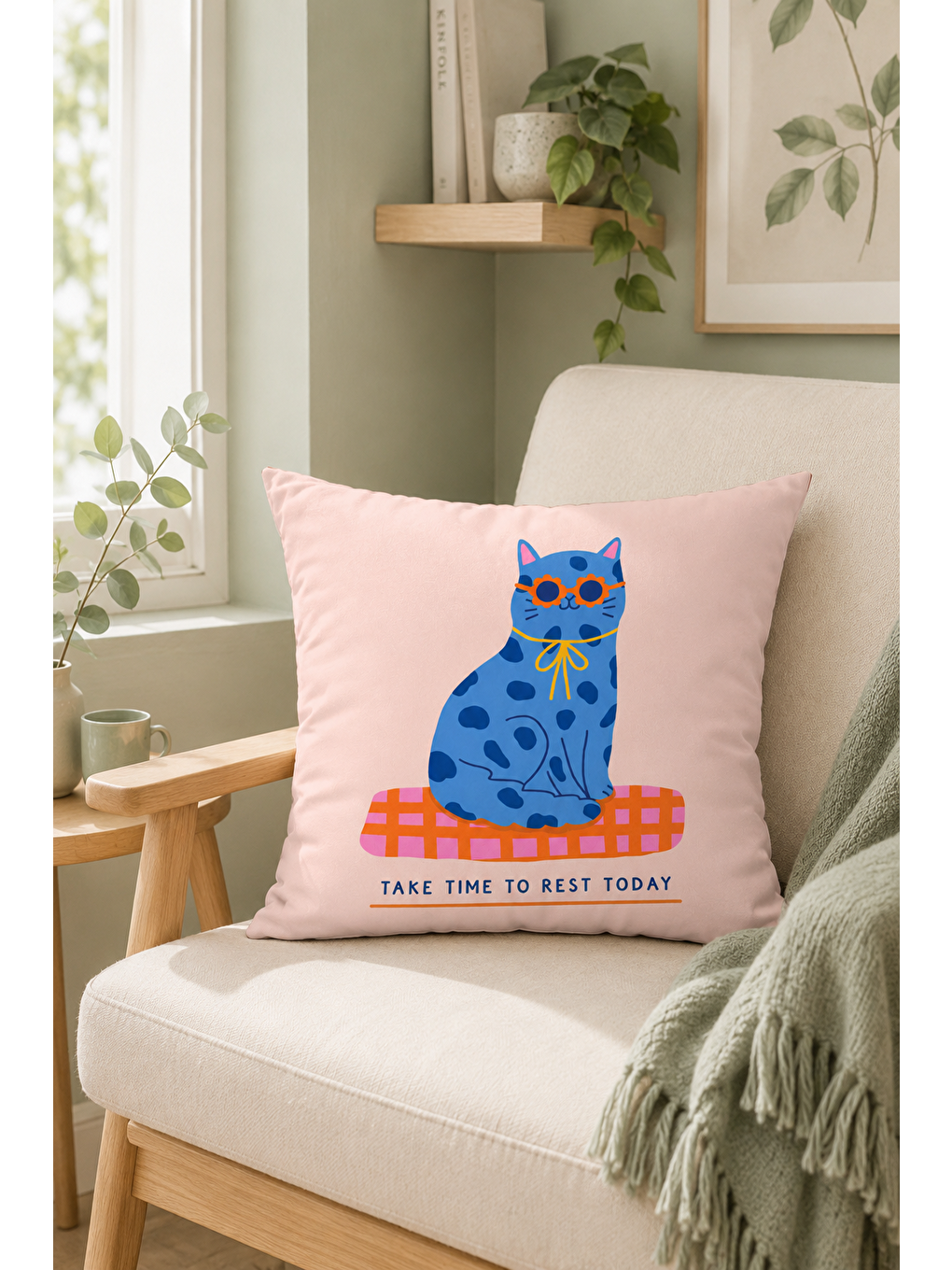 Mavi Kedi Yazı Baskılı Dekoratif Kırlent Kılıfı Pembe Modern Salon Dekor 43x43 Cm-4