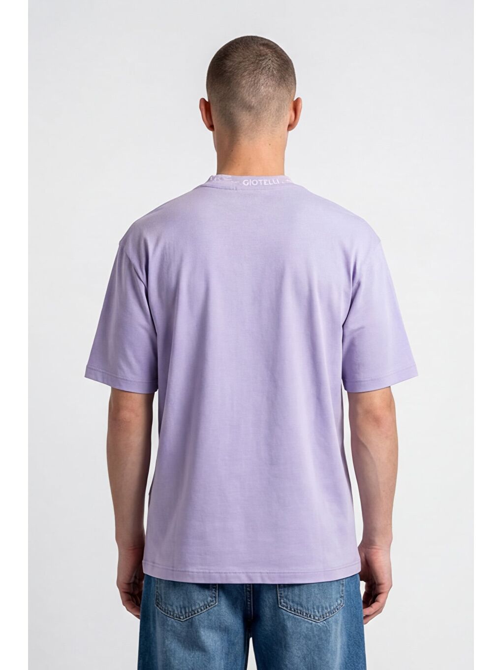 Giotelli Erkek Lila Geniş Kesim Oversize Fit Kısa Kollu Yaka Baskılı Bisiklet Yaka Tişört-3