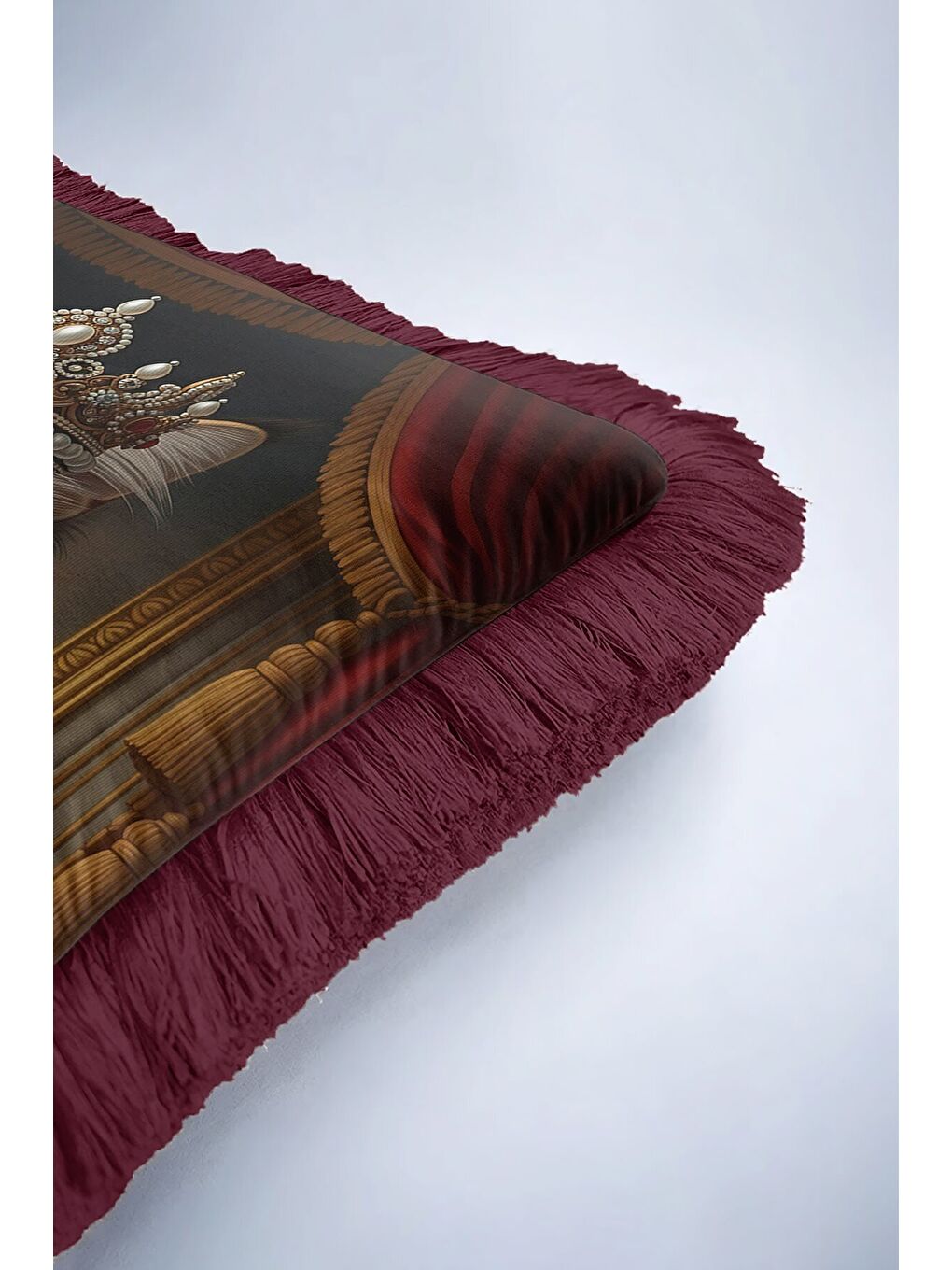 Karışık Kraliyet Temalı Saçaklı Yastık Kılıfı - Majesteleri Kedi Barok Vintage Gold Püsküllü Kırlent Kılıfı-6