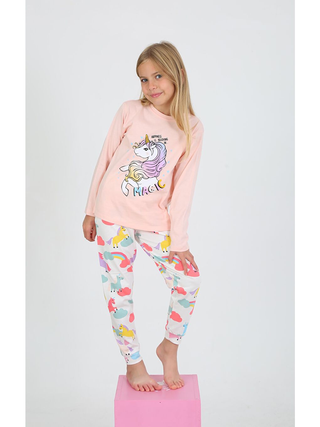 Pembe Kız Çocuk Uzun Kollu %100 Pamuklu Pijama Takımı Happines Somon