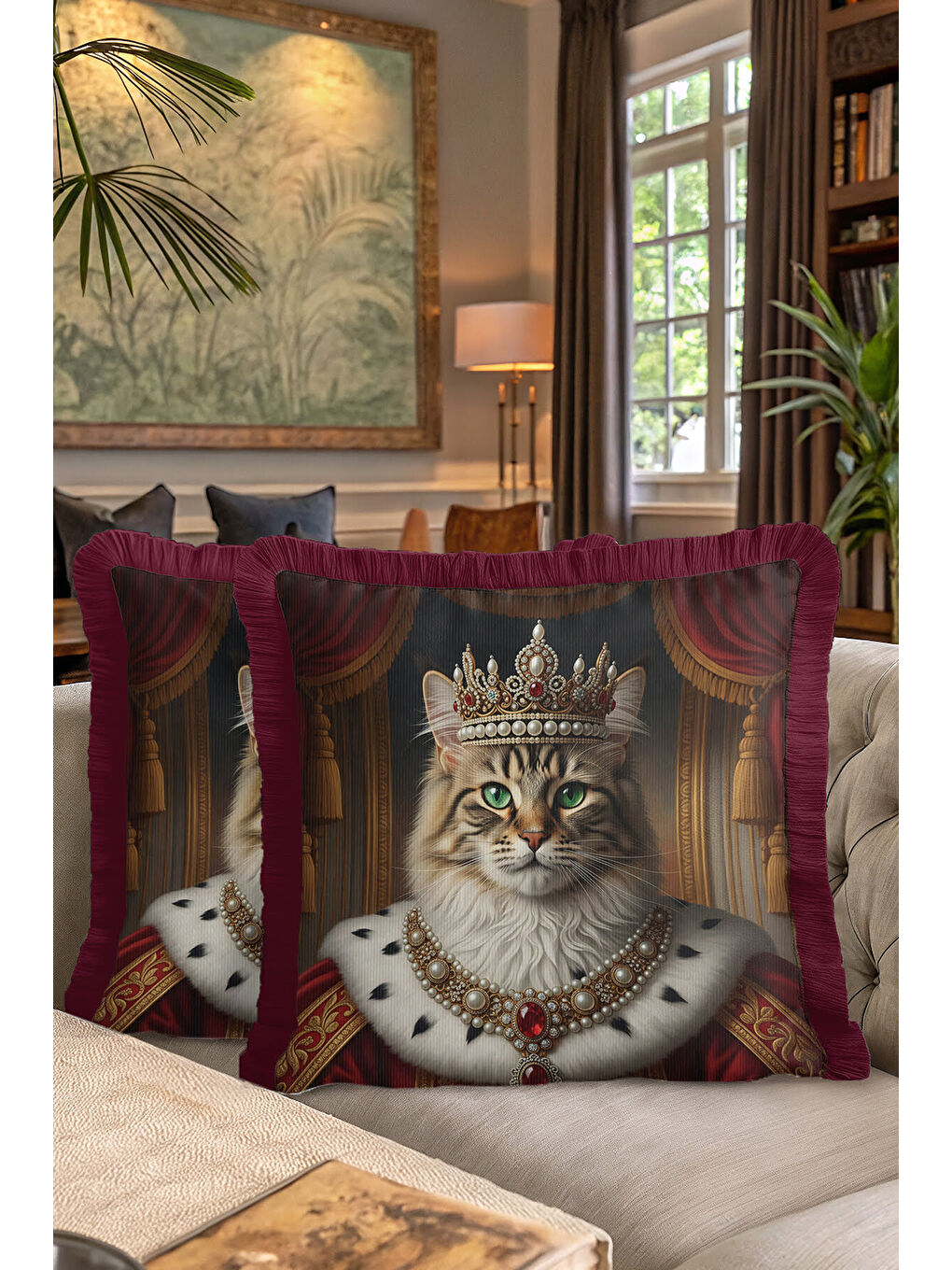 Karışık Kraliyet Temalı Saçaklı Yastık Kılıfı - Majesteleri Kedi Barok Vintage Gold Püsküllü Kırlent Kılıfı-7