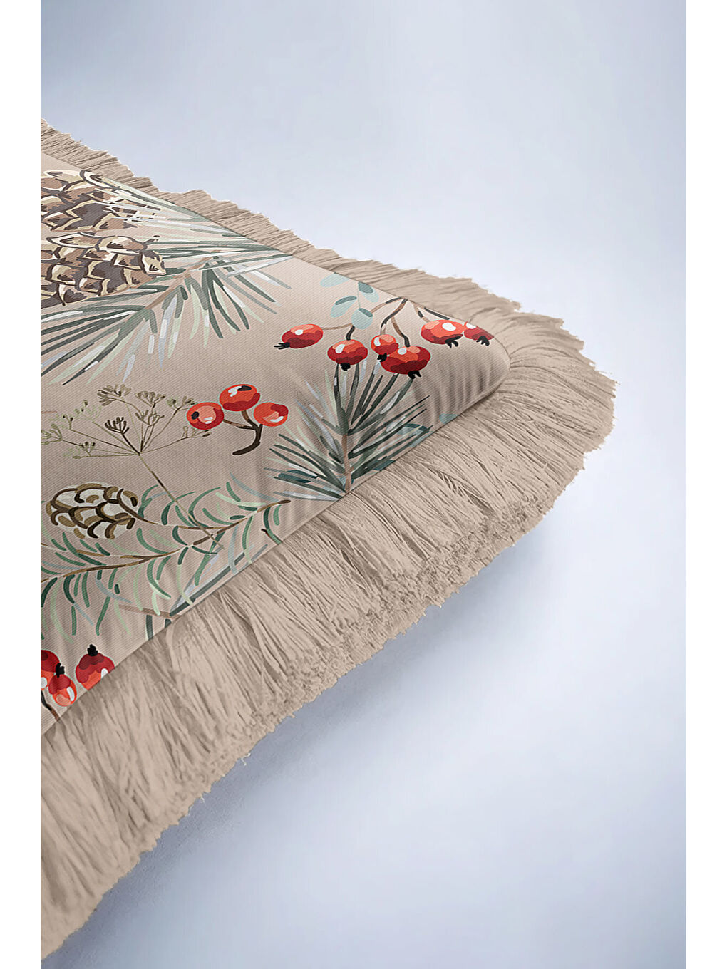 Karışık Botanik Çam Kozalaklı Saçaklı Yastık Kılıfı - Doğal Rustik Bej Kırmızı Püsküllü Kırlent Kılıfı-6