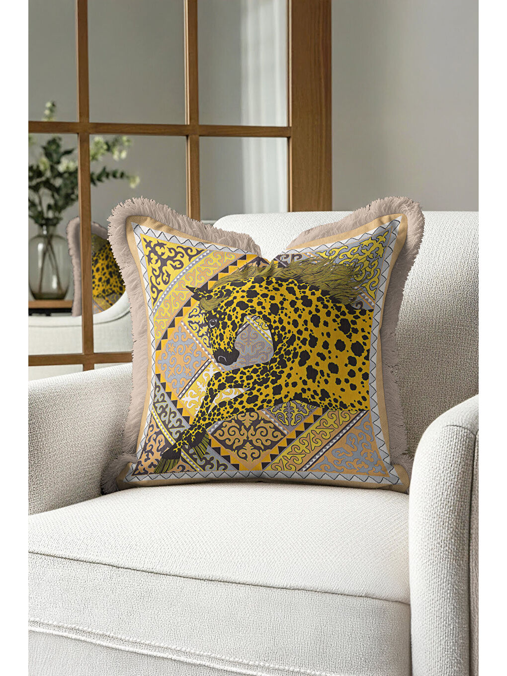 Karışık Lüks At Figürlü Saçaklı Yastık Kılıfı - Asil Bohem Ekru Altın Renkli Püsküllü Kırlent Kılıfı-4