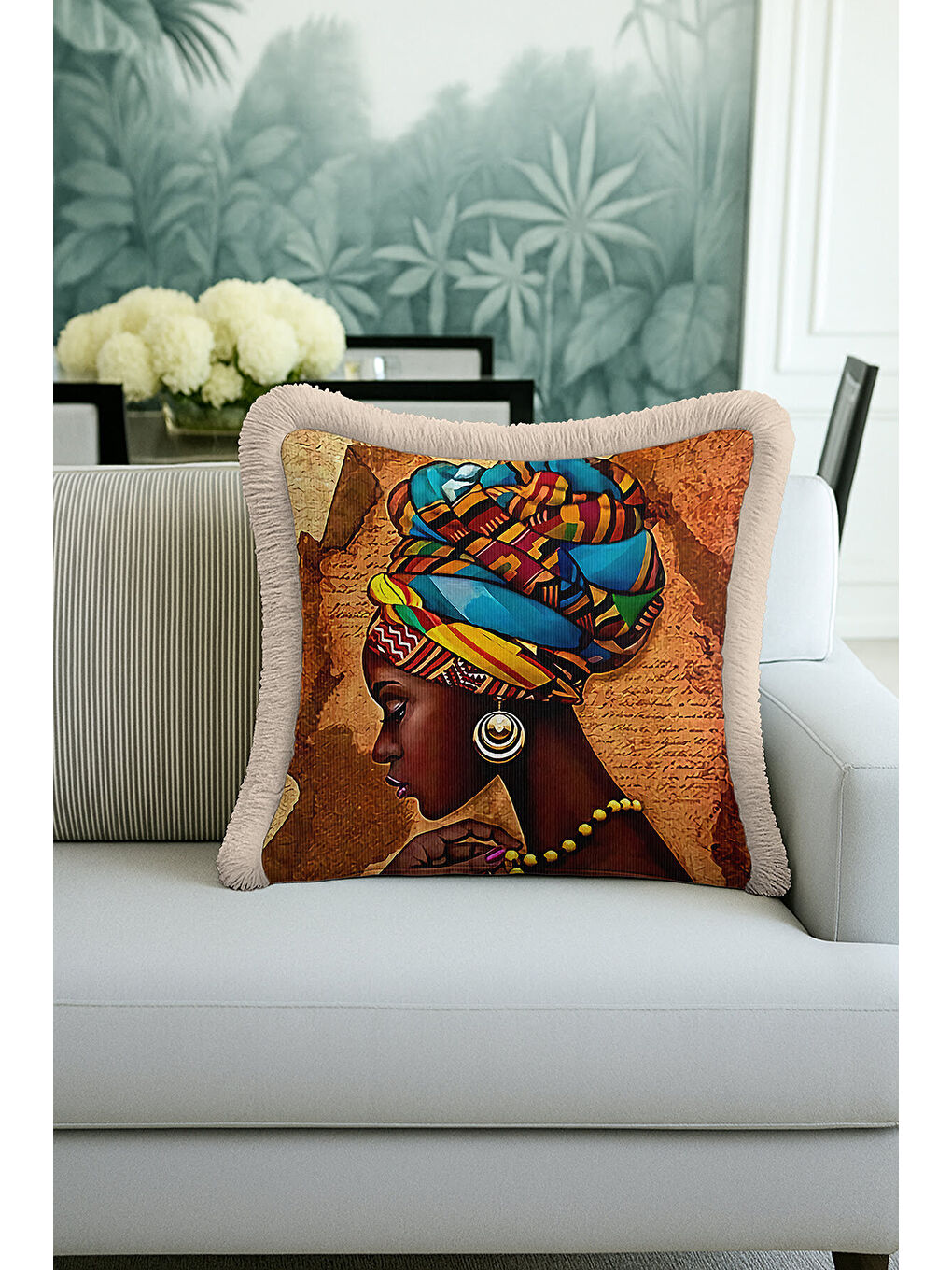 Karışık Afrika Esintili Etnik Sanat Saçaklı Yastık Kılıfı - Bohem Kahverengi Mavi Püsküllü Kırlent Kılıfı-4