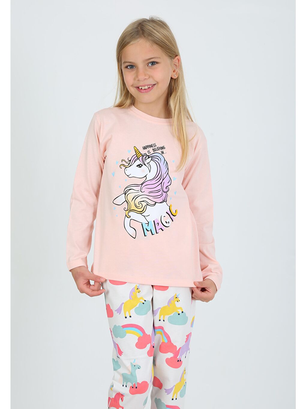 Pembe Kız Çocuk Uzun Kollu %100 Pamuklu Pijama Takımı Happines Somon-2