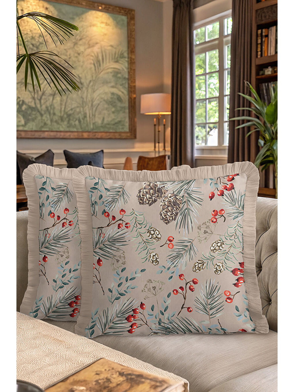 Karışık Botanik Çam Kozalaklı Saçaklı Yastık Kılıfı - Doğal Rustik Bej Kırmızı Püsküllü Kırlent Kılıfı-7