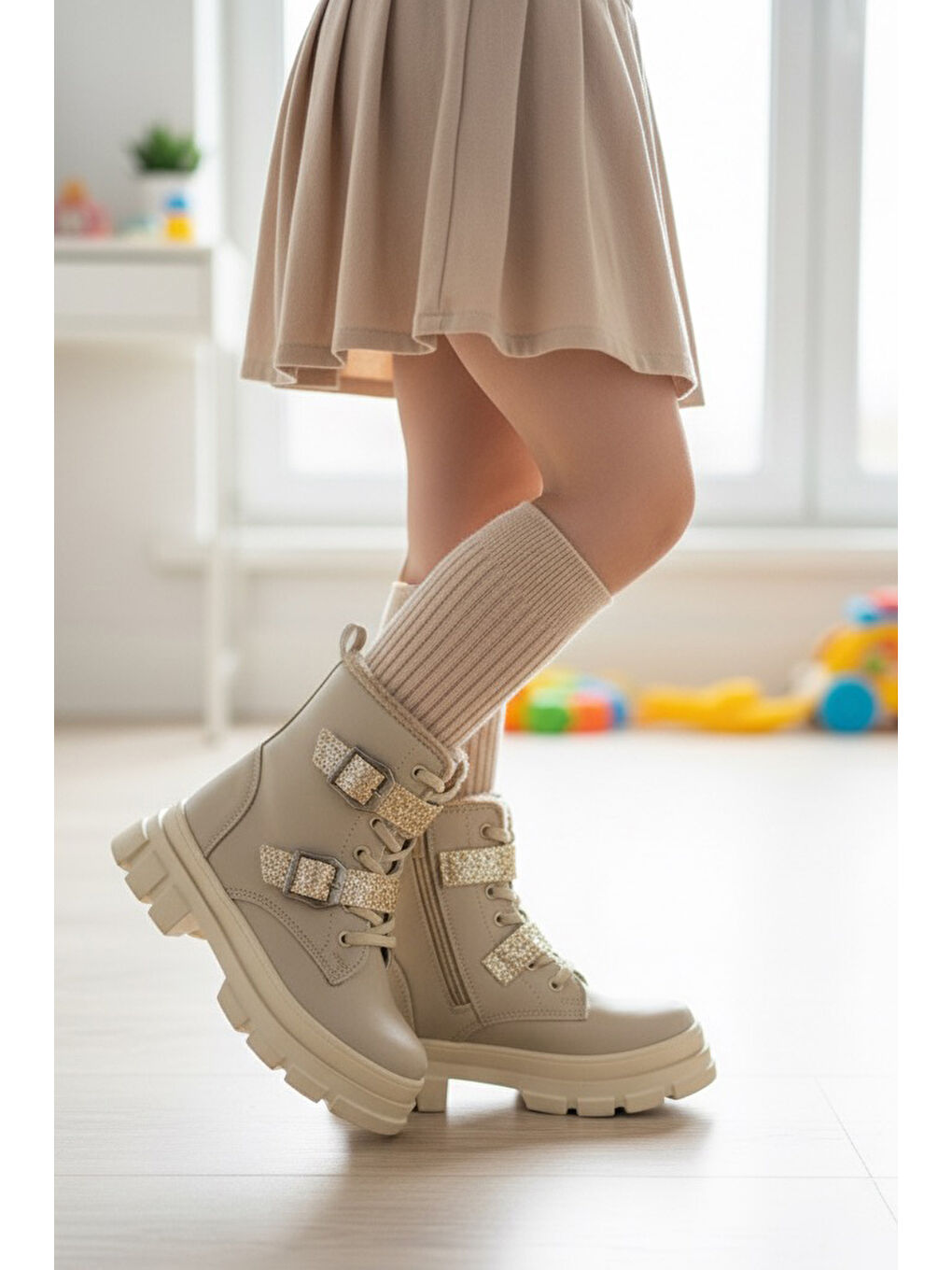 Kız Çocuk Bej Taş Detaylı Fermuarlı Bot - 27896-BEJ