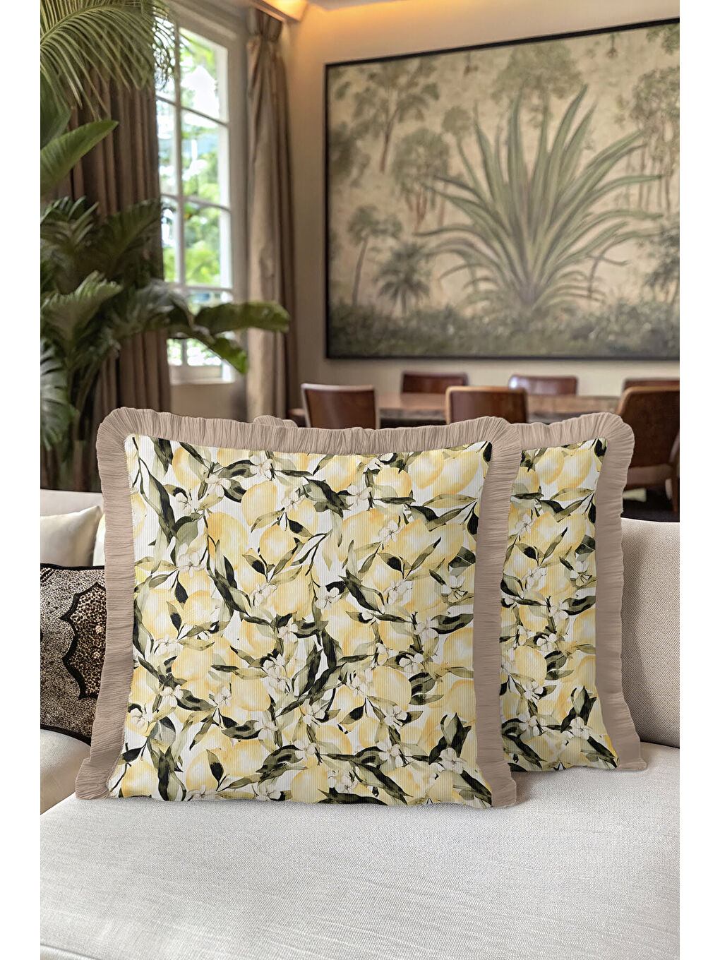 Karışık Limon Bahçesi Saçaklı Yastık Kılıfı - Akdeniz Ferahlığı Country Sarı Bej Püsküllü Kırlent Kılıfı-5